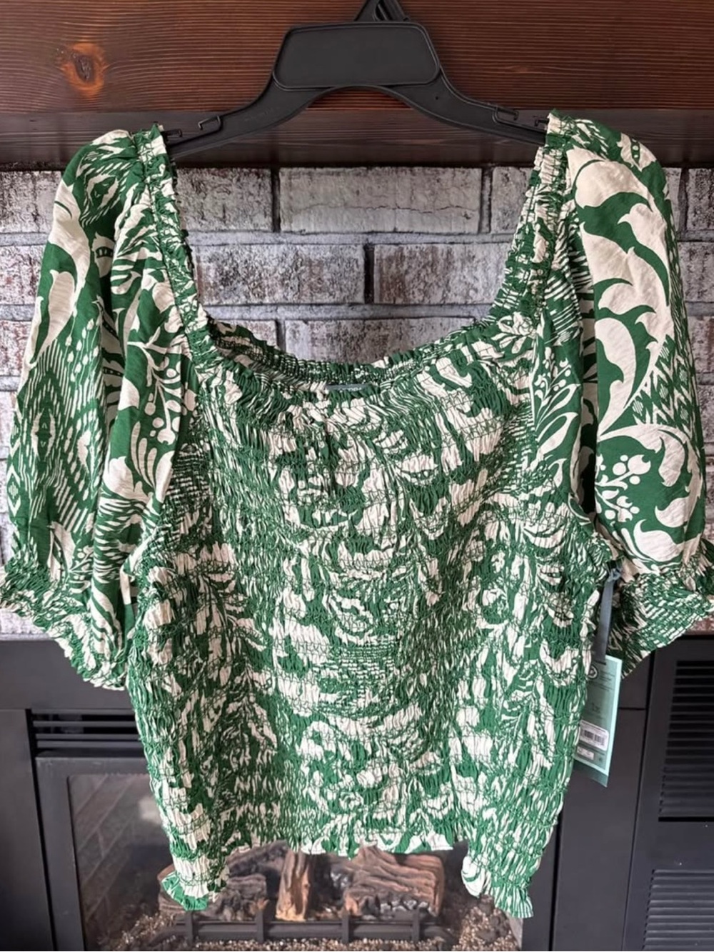 Green and White Smocked Puff-Sleeve Top